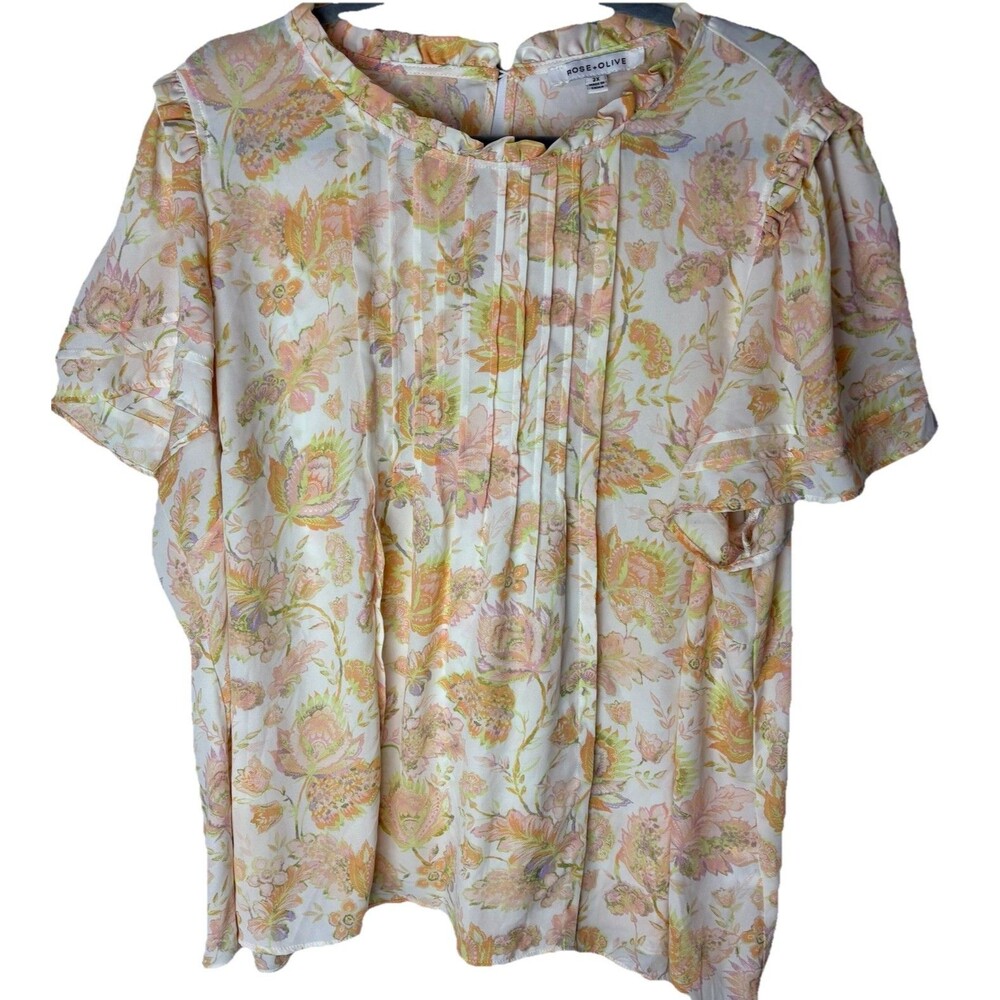 Rose + Olive Pintuck Flutter Sleeve Blouse Ruffle 2X Orange Pink Pastel Floral